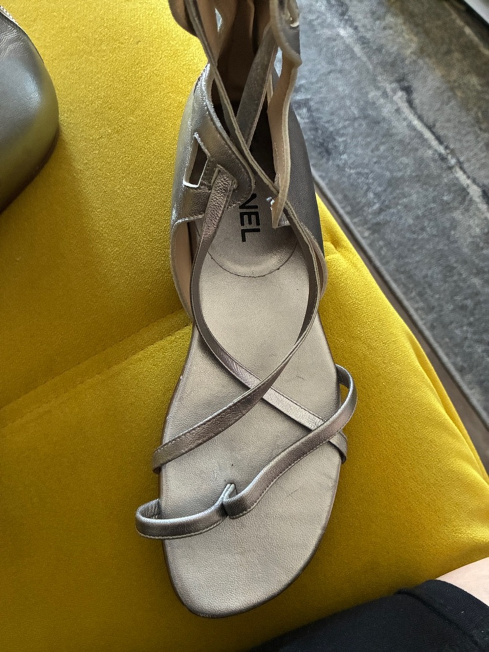 Gladiator CHANEL Pewter Lace-Up Flat Sandals size 38 1/2 good condition.
